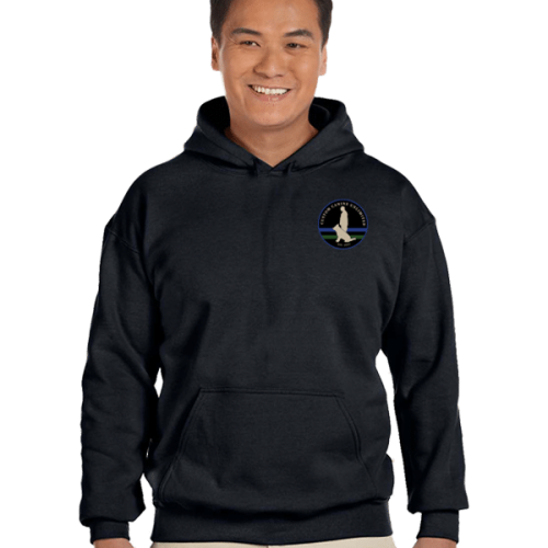 Black hooded sweatshirt with ccu logo on front left chest