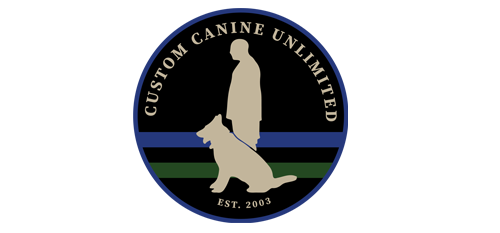 Black circle sticker with the Custom Canine Unlimited logo printed on it.