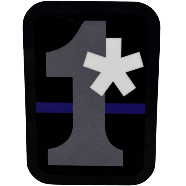 A rectangular decal with a thin blue line through a black background with the number "1" with an asterisk beside it.