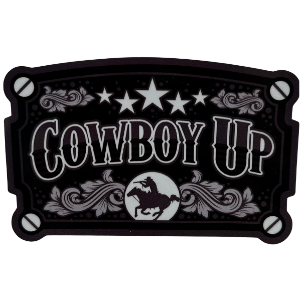 A sticker with a western design on it with the words COWBOY UP written on it in bold, white outline.