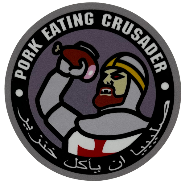 A circle sticker with a portrait of a crusader with the words Pork Eating Crusader on it in bold, white font.