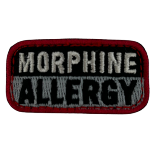 Patch with the Words "MORPHINE ALLERGY" Embroidered on it