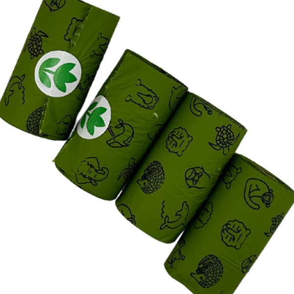 4 Green poop bag rolls with black animal print