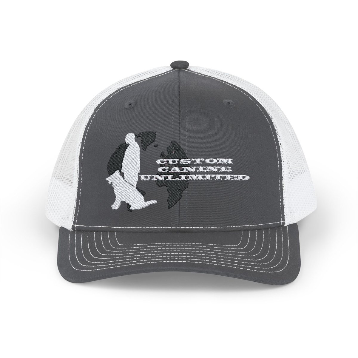 Trucker Cap with White Custom Canine Unlimited Logo on Black Globe with Name - Image 17