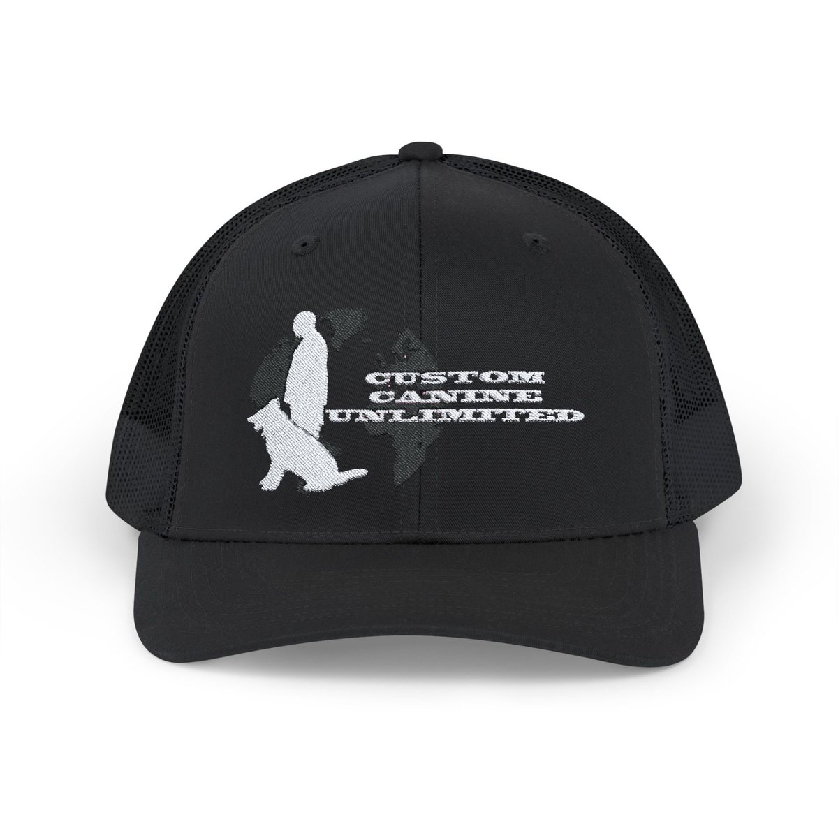 Trucker Cap with White Custom Canine Unlimited Logo on Black Globe with Name - Image 21