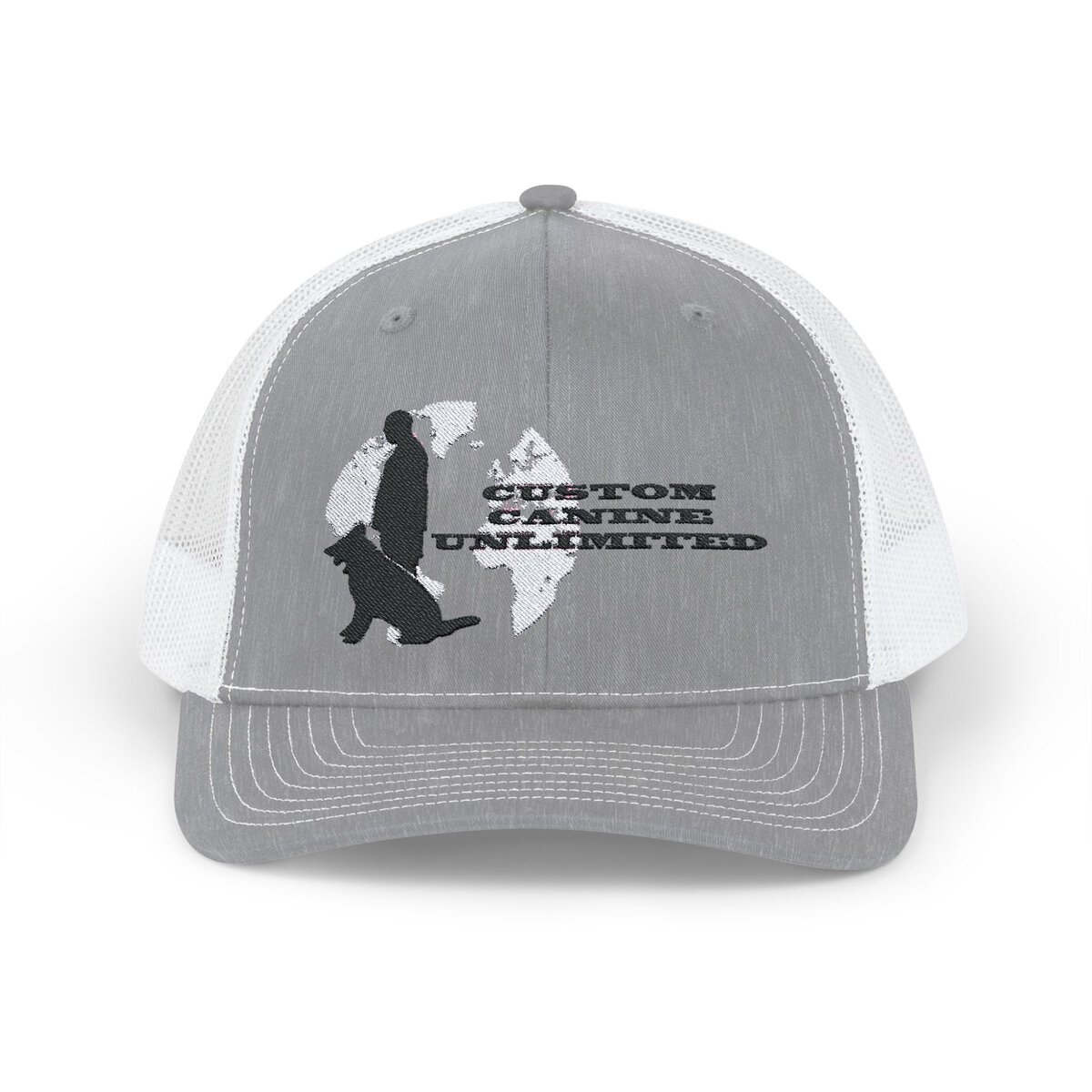 Trucker Cap with Black Custom Canine Unlimited Logo on White Globe with Name - Image 17