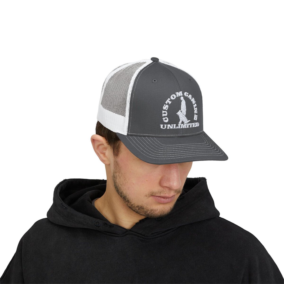 Snapback Trucker Cap with Vintage White Custom Canine Unlimited Logo - Image 15