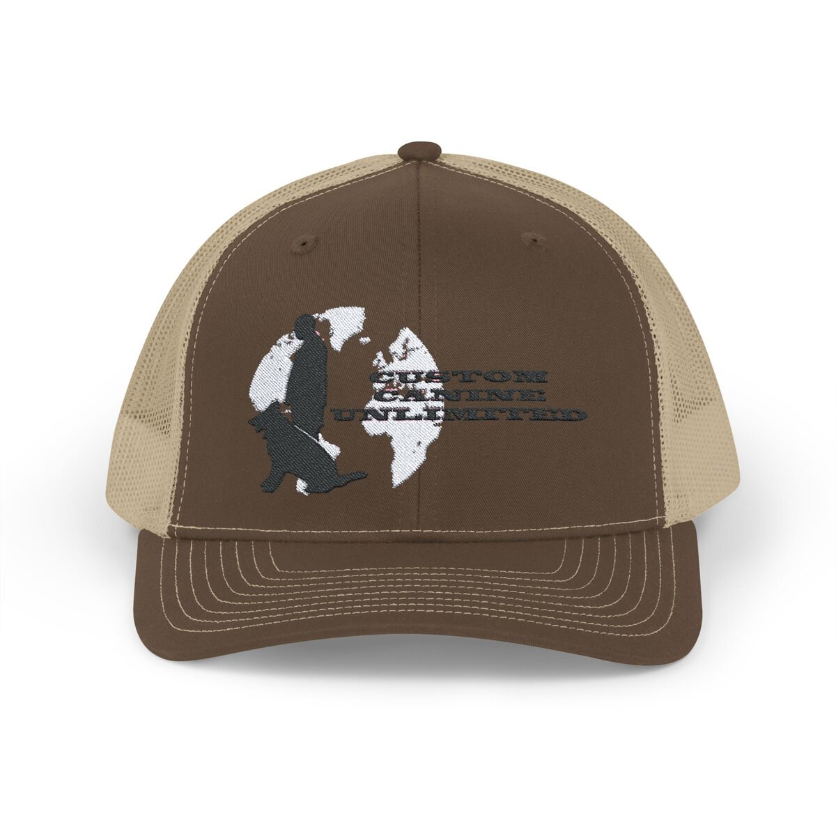 Trucker Cap with Black Custom Canine Unlimited Logo on White Globe with Name - Image 37