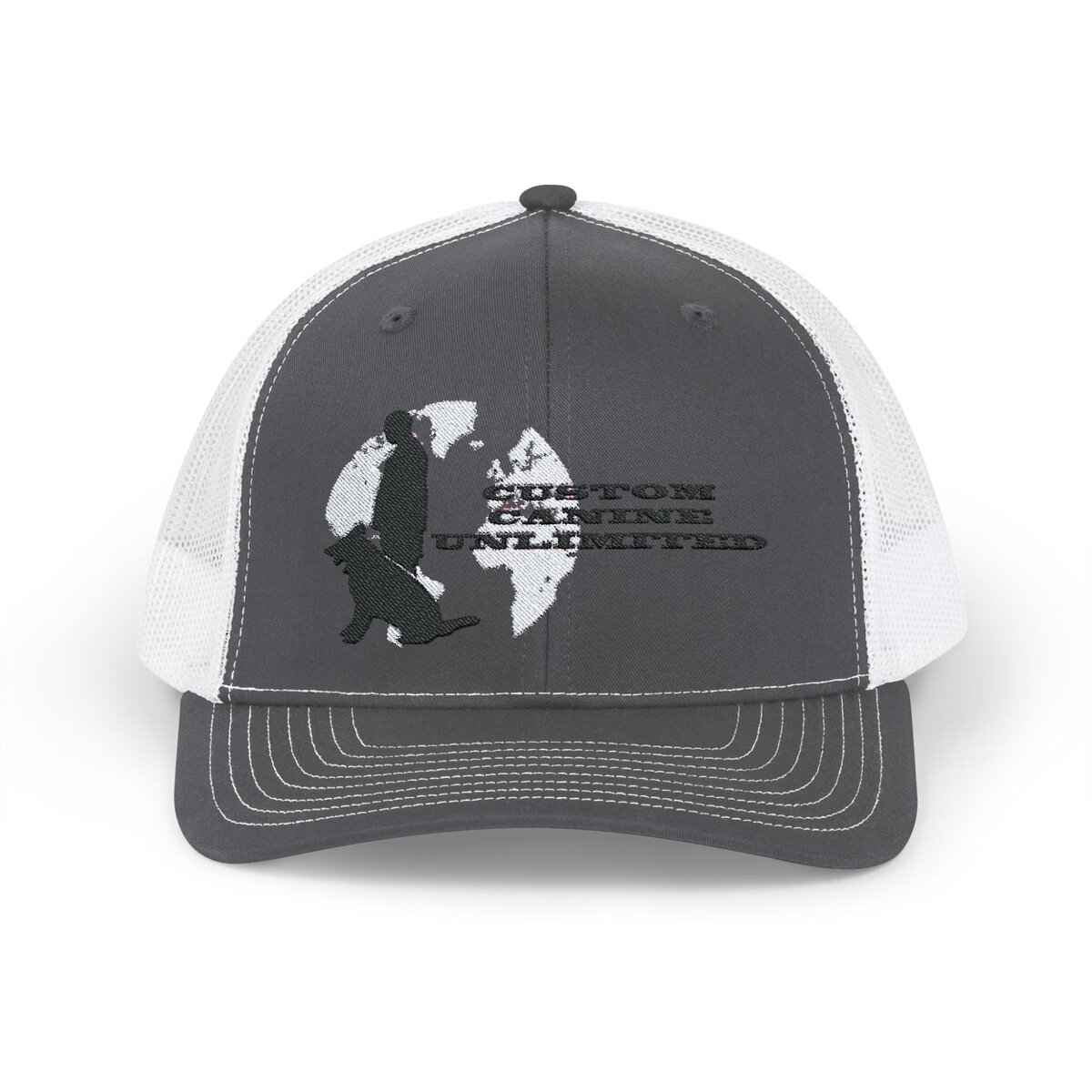 Trucker Cap with Black Custom Canine Unlimited Logo on White Globe with Name - Image 21