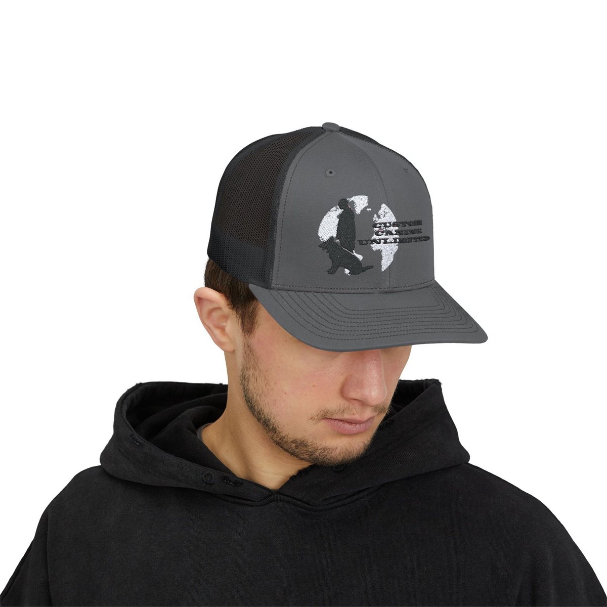 Trucker Cap with Black Custom Canine Unlimited Logo on White Globe with Name - Image 11