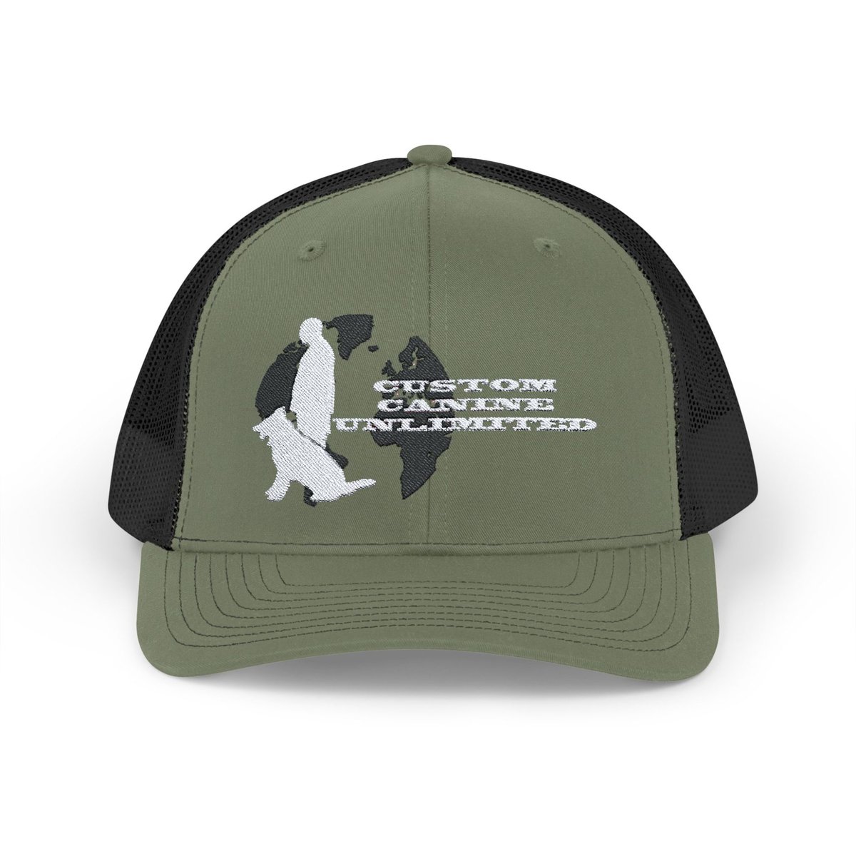 Trucker Cap with White Custom Canine Unlimited Logo on Black Globe with Name - Image 33