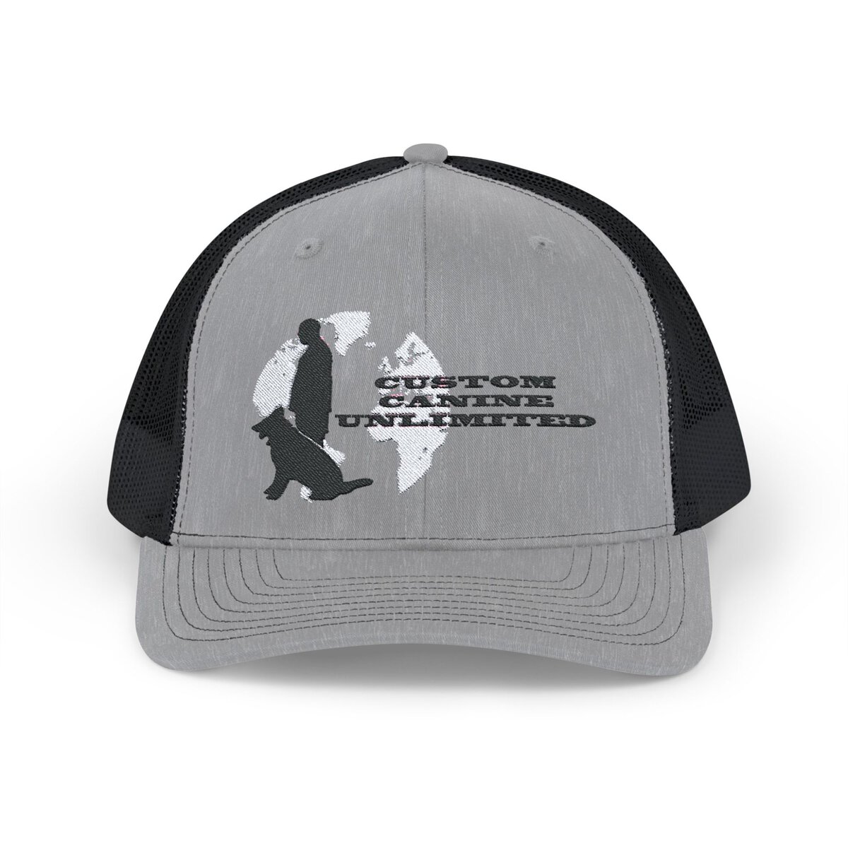Trucker Cap with Black Custom Canine Unlimited Logo on White Globe with Name - Image 2