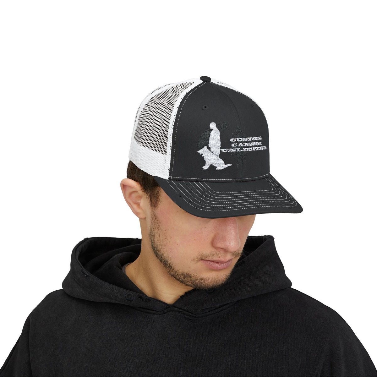 Trucker Cap with White Custom Canine Unlimited Logo on Black Globe with Name - Image 9