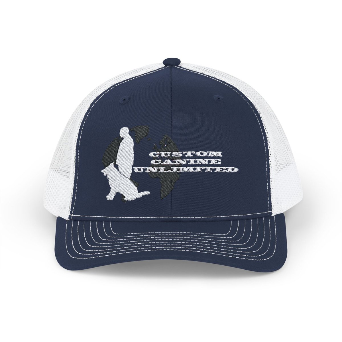 Trucker Cap with White Custom Canine Unlimited Logo on Black Globe with Name