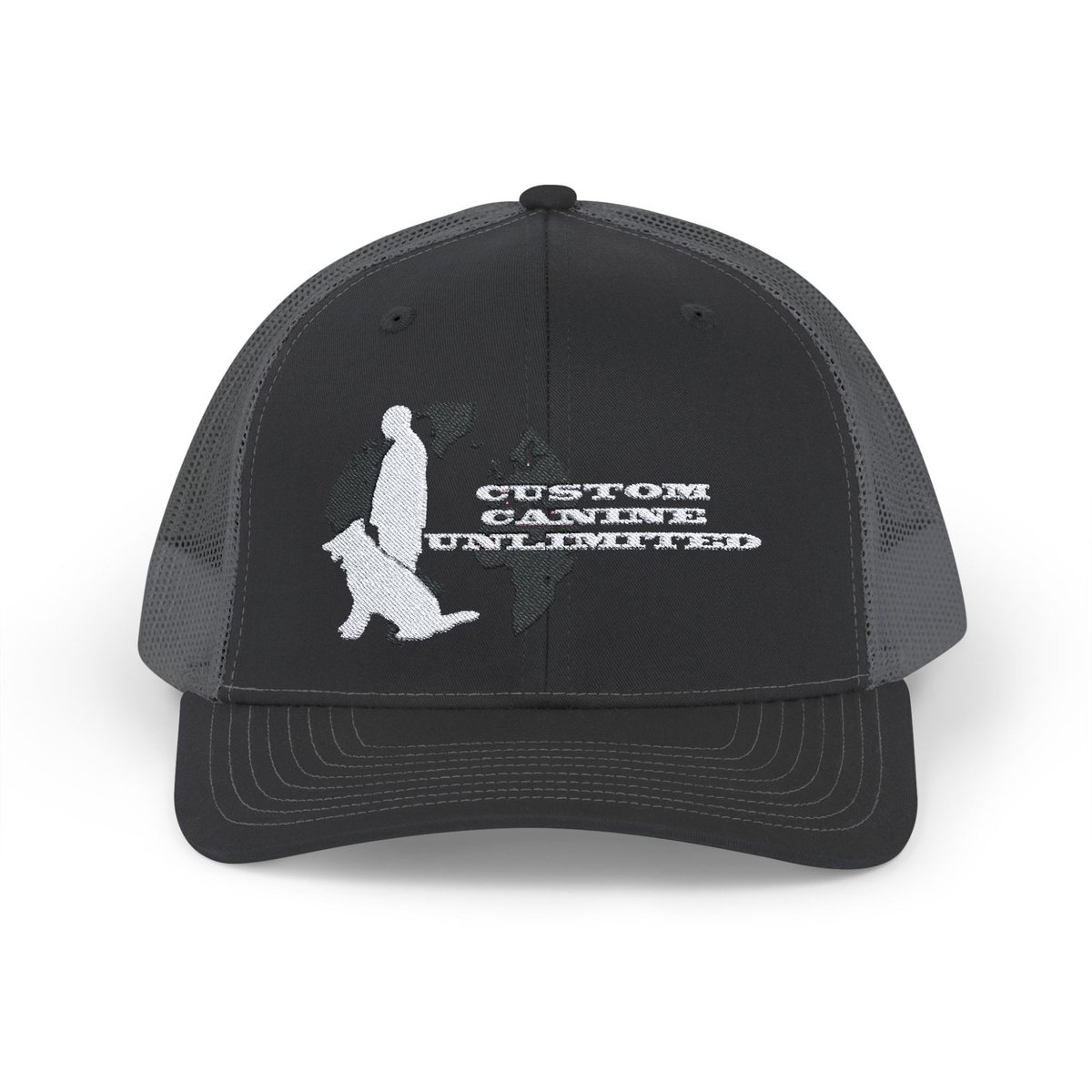 Trucker Cap with White Custom Canine Unlimited Logo on Black Globe with Name - Image 25