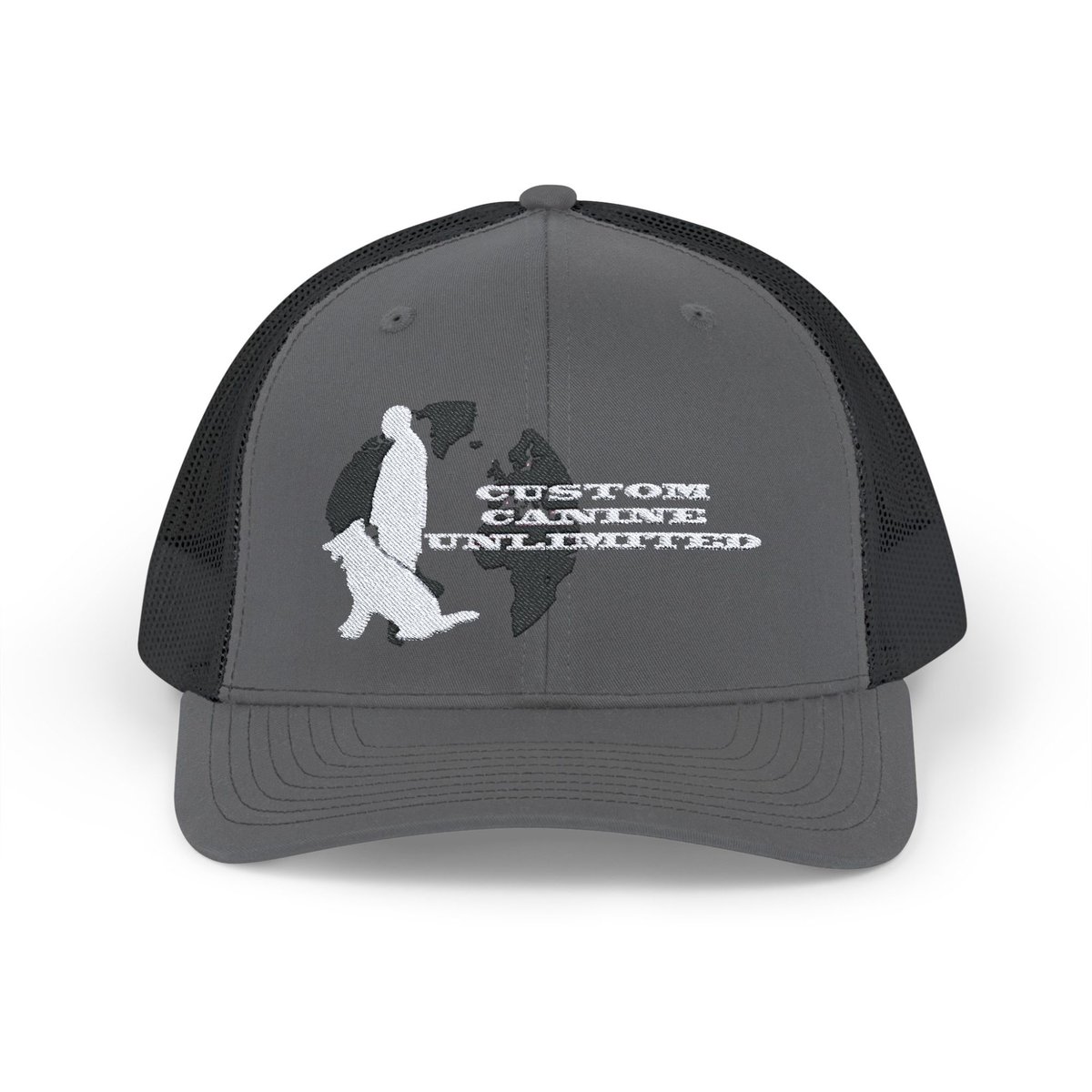 Trucker Cap with White Custom Canine Unlimited Logo on Black Globe with Name - Image 5