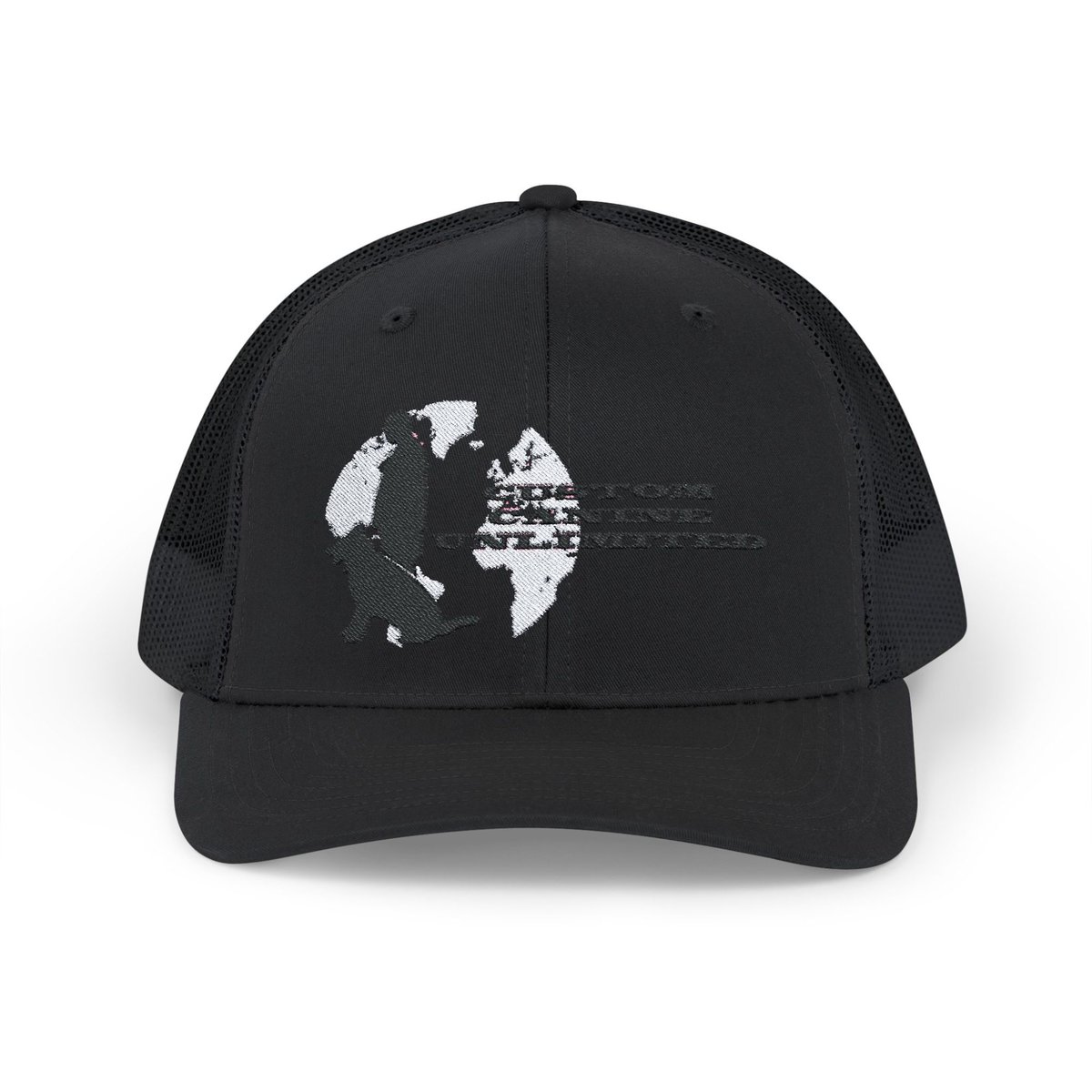 Trucker Cap with Black Custom Canine Unlimited Logo on White Globe with Name - Image 25