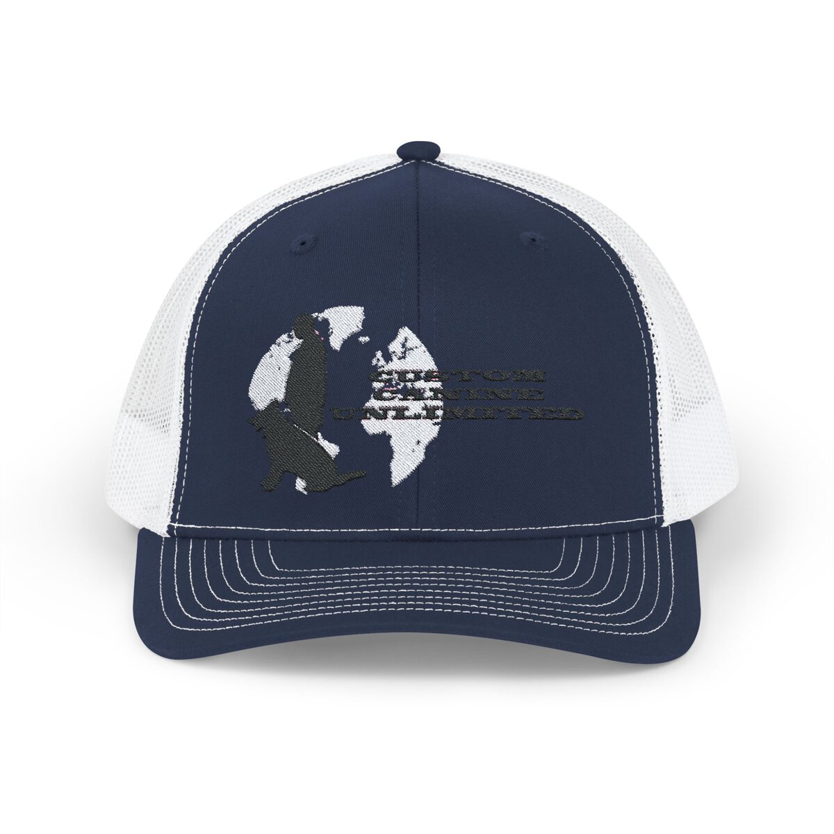 Trucker Cap with Black Custom Canine Unlimited Logo on White Globe with Name - Image 5
