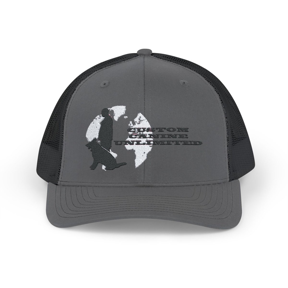 Trucker Cap with Black Custom Canine Unlimited Logo on White Globe with Name - Image 9