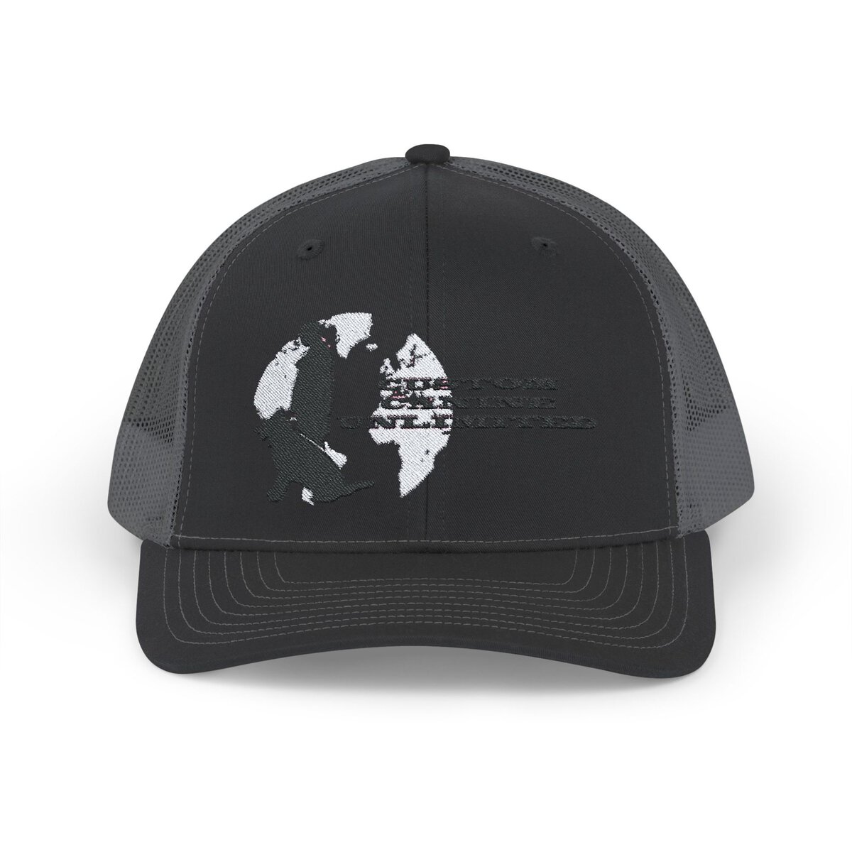 Trucker Cap with Black Custom Canine Unlimited Logo on White Globe with Name - Image 29