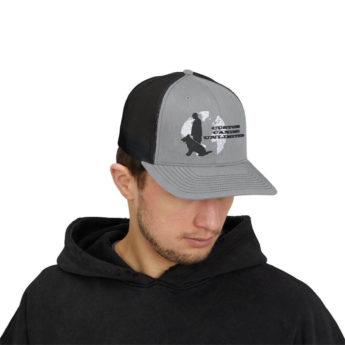 Trucker Cap with Black Custom Canine Unlimited Logo on White Globe with Name