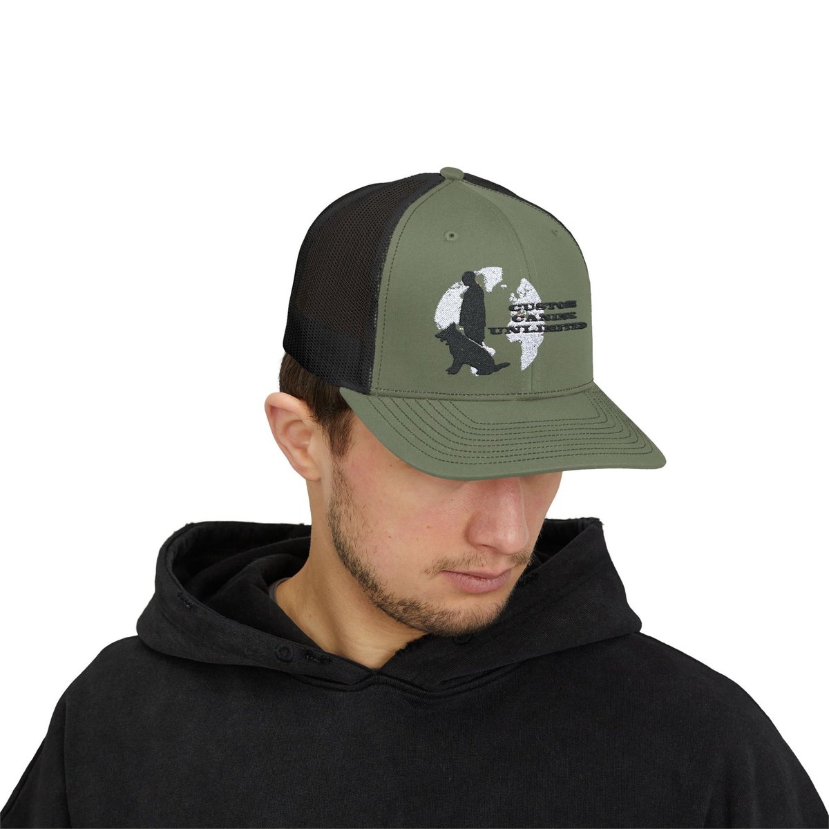 Trucker Cap with Black Custom Canine Unlimited Logo on White Globe with Name - Image 35