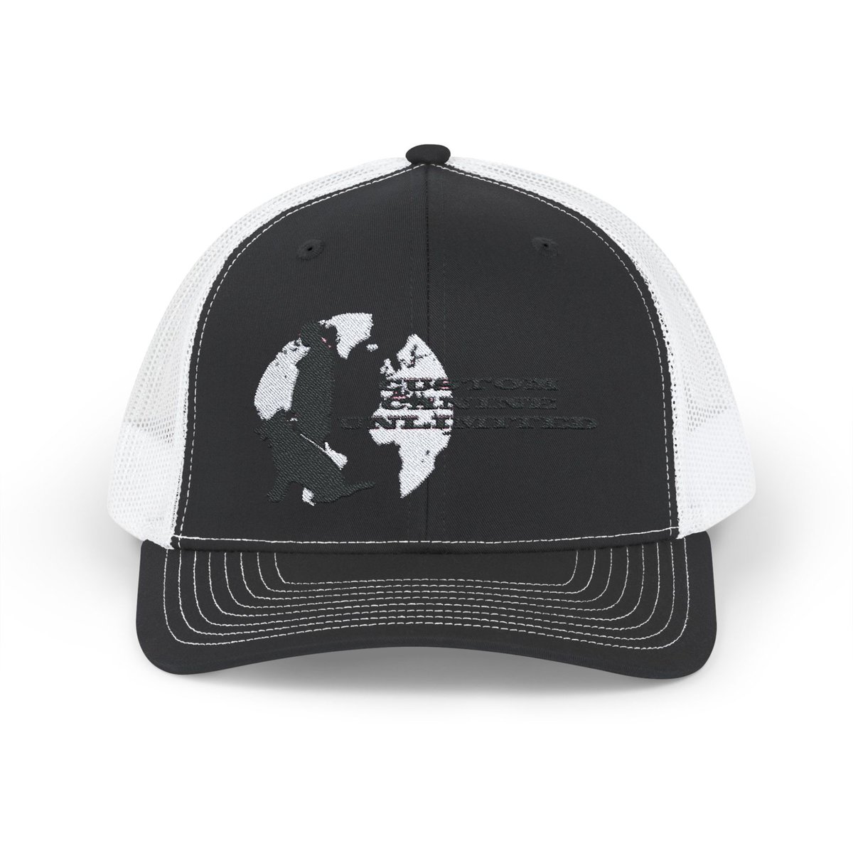 Trucker Cap with Black Custom Canine Unlimited Logo on White Globe with Name - Image 14