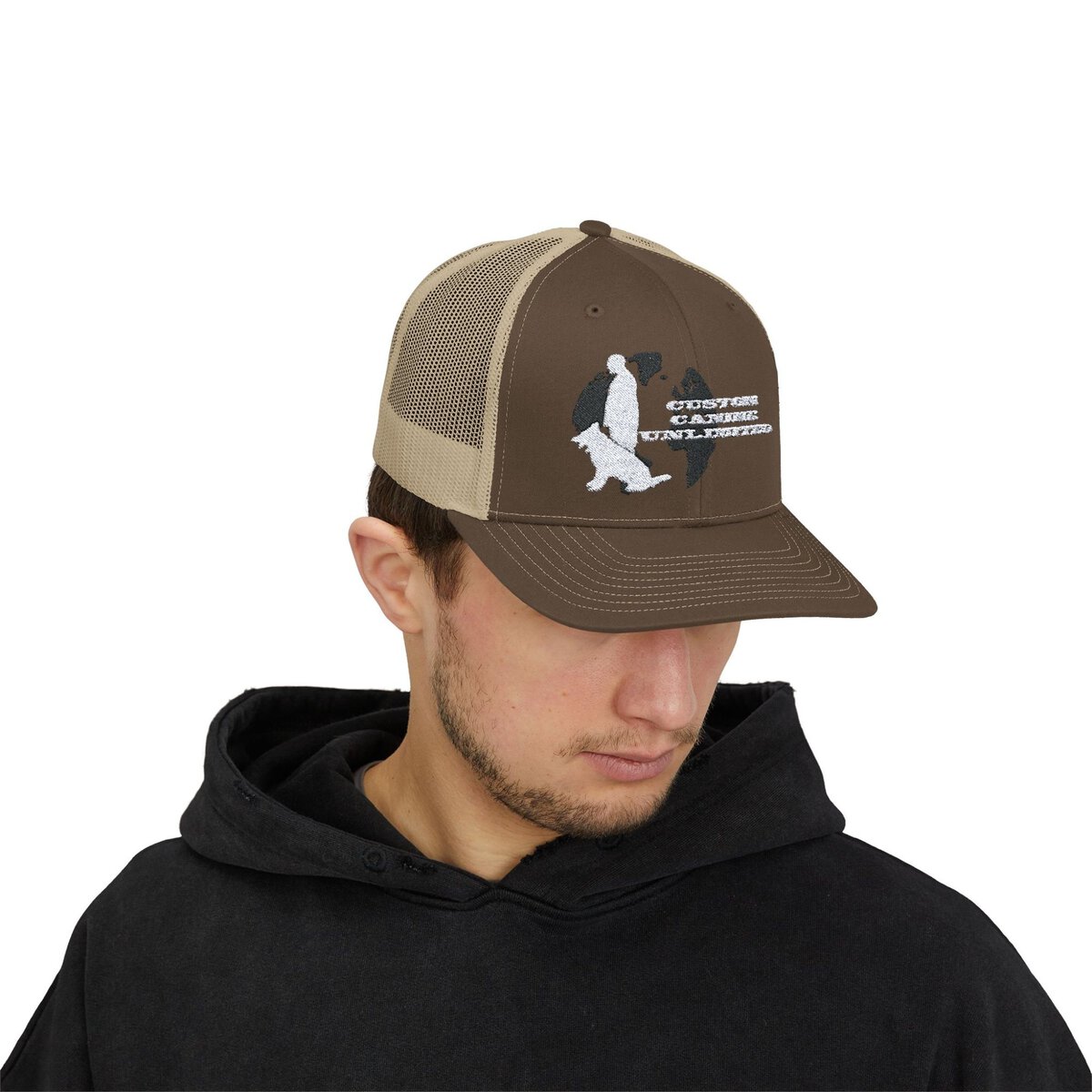 Trucker Cap with White Custom Canine Unlimited Logo on Black Globe with Name - Image 39