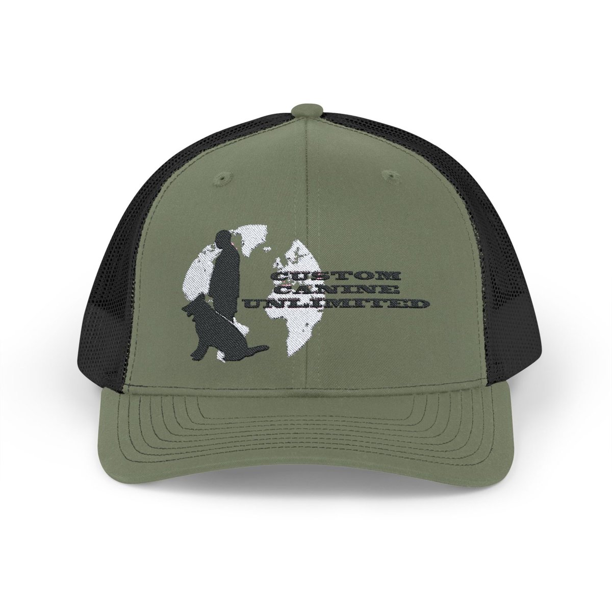 Trucker Cap with Black Custom Canine Unlimited Logo on White Globe with Name - Image 33