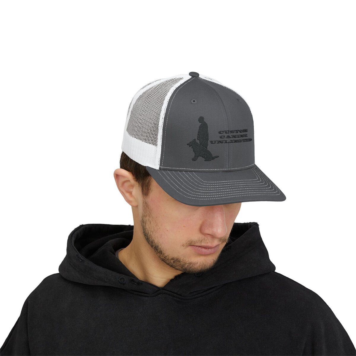 Snapback Trucker Cap with Black Custom Canine Unlimited Logo with Words - Image 11