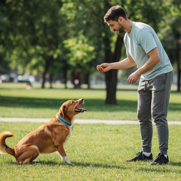 A happy dog actively participates in a training session with a male trainer in casual sportswear in a vibrant public park. The trainer uses treats and commands to engage the dog. The setting features lush green grass, scattered trees, and a clear blue sky, creating an inviting and cheerful atmosphere.