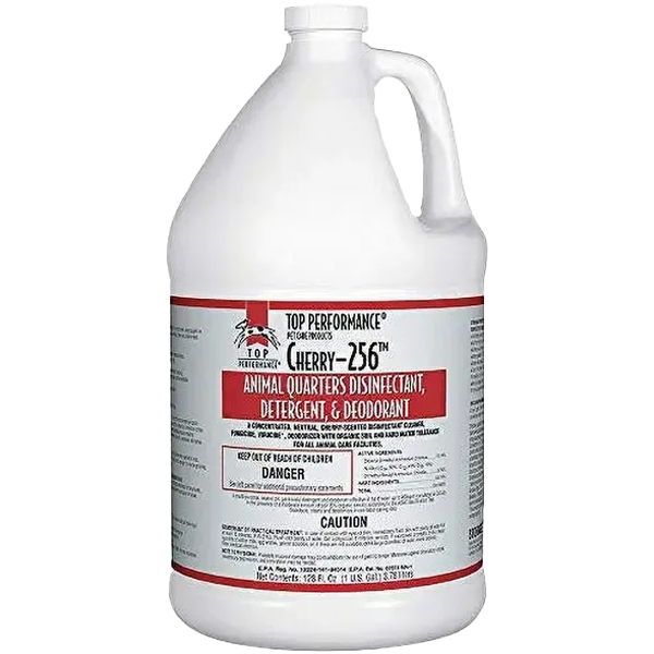 Top Performance 256 Disinfectant Cherry Scent in a white Gallon jug with red writing.
