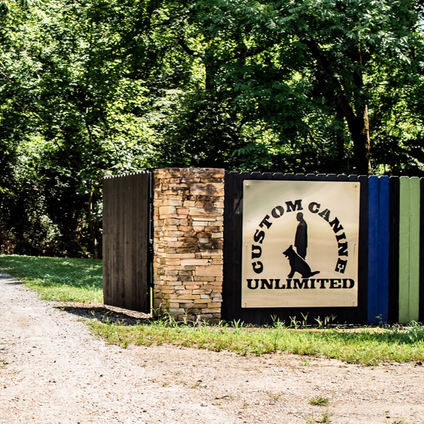 Open gate and CCU metal logo hanging on black fence with a blue and green stripe painted on it.