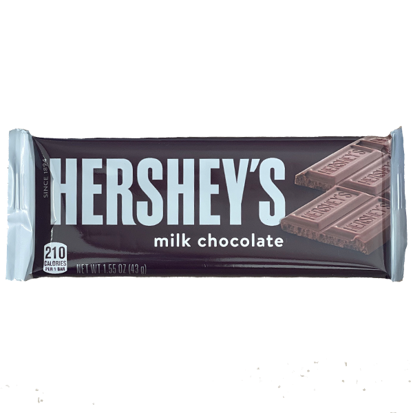 Hershey's milk chocolate bar in black wrapper.