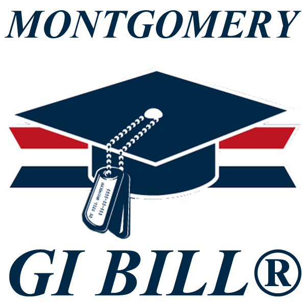 Blue graduation cap with dog tags. Montgomery GI Bill® in blue
