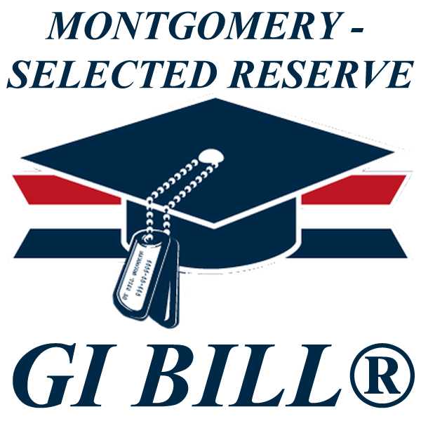 Blue graduation cap with dog tags. Montgomery - Selected Reserve GI Bill® in blue