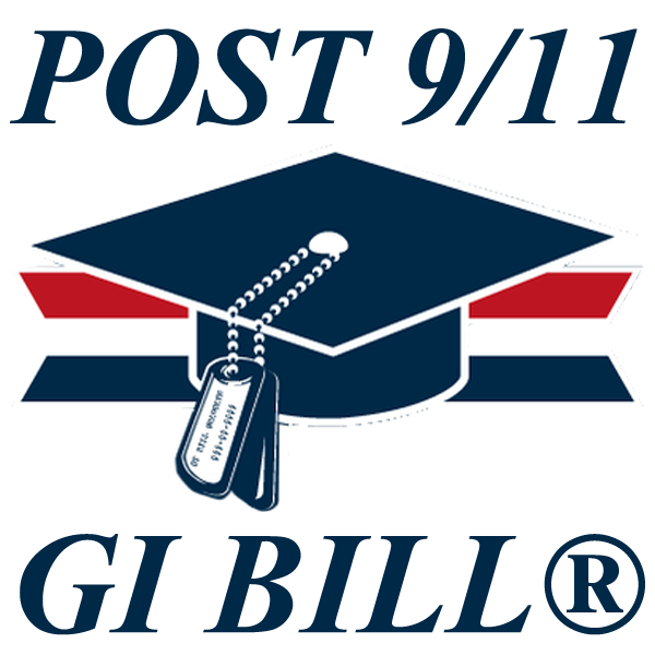 Blue graduation cap with dog tags. Post 9/11 GI Bill® in blue