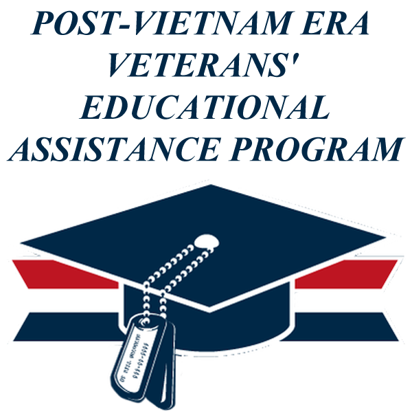 Blue graduation cap with dog tags. Post-Vietnam Era Educational Assistance Program in blue