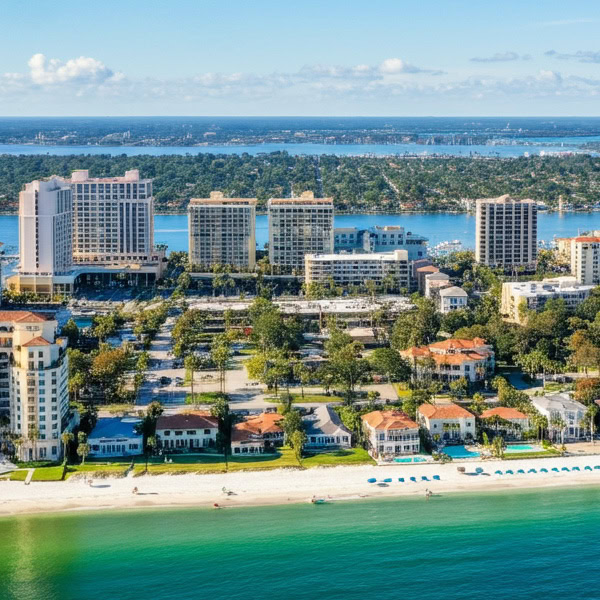 Beach with city buildings in Sarasota, Florida