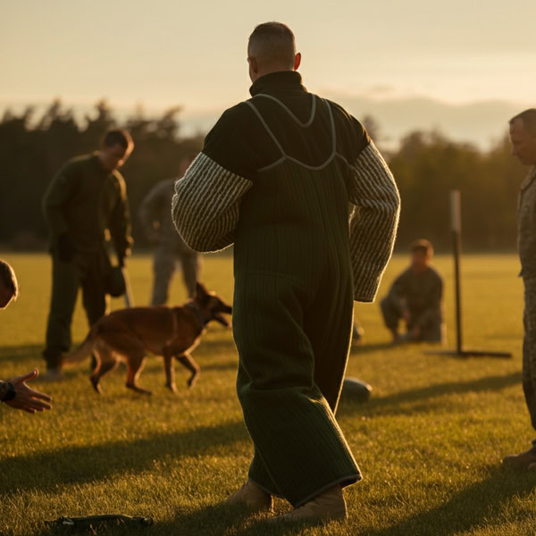 MWD Decoy Course: Man wearing a jute bite sleeve and leather scratch pants walking around MWD and handlers.