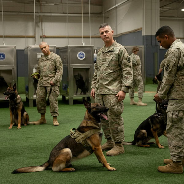 Senior NCO in BDUs standing watching other MWD handlers with their dogs in a warehouse.