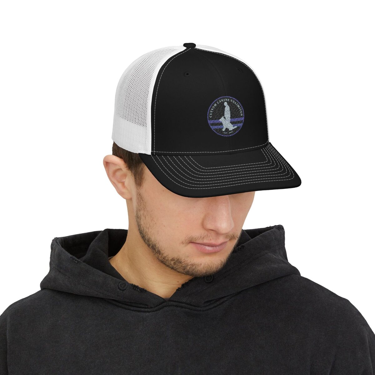Custom Canine Unlimited Trucker Hat – Thin Blue Line K9 Logo | Premium Mesh Back Cap - Image 3