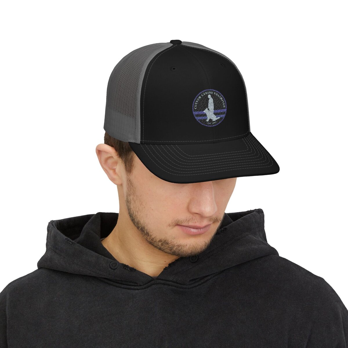 Custom Canine Unlimited Trucker Hat – Thin Blue Line K9 Logo | Premium Mesh Back Cap - Image 11