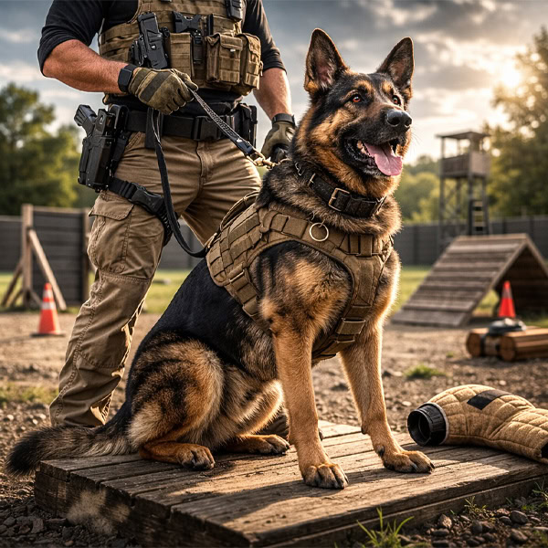 K9 police dog with handler during training at outdoor facility.