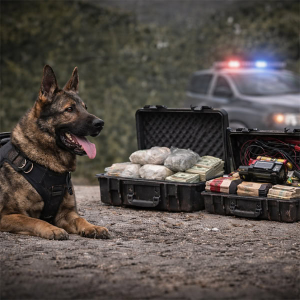 K9 handler training session with police dog, gear, and confiscated items.