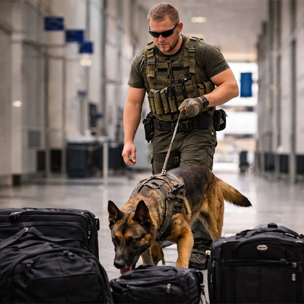 Explosive detection dog handler with trained canine at airport security.