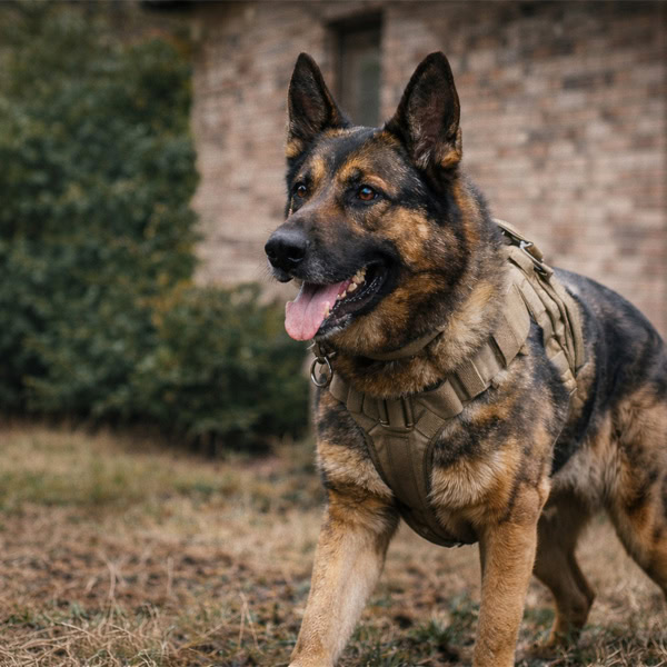 German Shepherd service dog in training for veterans, wearing a harness outdoors.