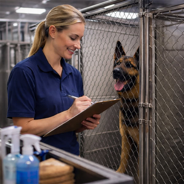 Professional kennel staff training with a German Shepherd in a care facility.