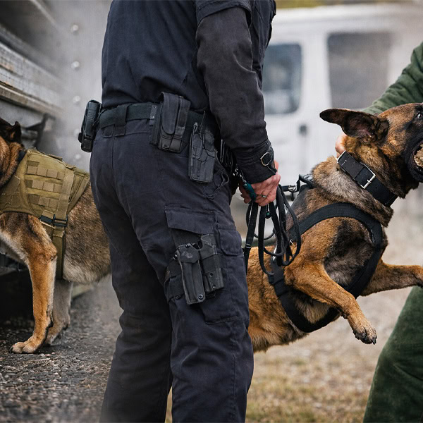 Police dog training session with handler and working dogs in outdoor setting.