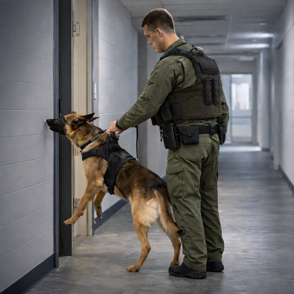 Handler and drug detection dog practicing in a training facility.